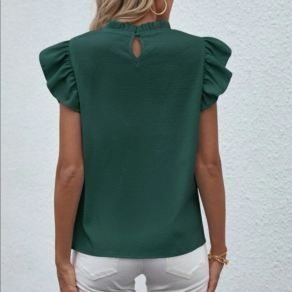 Elegant Classic Green Mock Neck Ruffle Butterfly Top Blouse Shirt - Picture 5 of 16